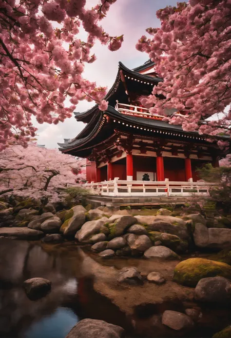 A picture of a Japanese temple surrounded by cherry blossoms in bloom