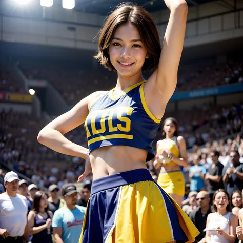 best quality, masterpiece, (realistic:1.2), 1 girl, short hair, brown eyes, Front, detailed face, beautiful eyes, cute outfit, crop top, skirt, blue and yellow, beautiful smile, small waist, cheerleader, cheerleader in a basketball court, small titts,