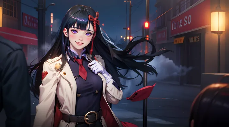 (black hair, long hair:1.7), purple eyes, hair ornament,1girl, long_hair, lamppost, night, gloves, belt, building, solo, outdoor...