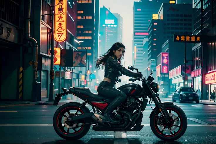 photo realistic, cinematographic photo, cinematic filter, realistic, girl driving a motorcycle on a street in a cyberpunk city, ...