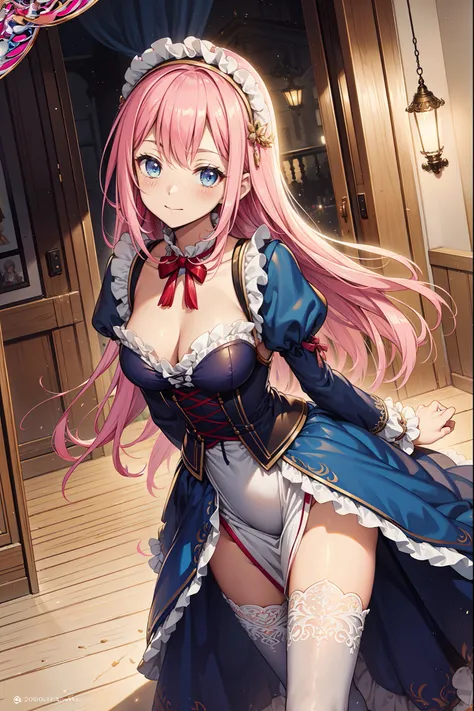 teens girl，Enchanted，Divine happiness，Being in love，(Light Victorian dress:1.2)，Pink hair，eBlue eyes，(Fabric headdress)，Maximalism，Multiple layers of delicate ruffles，Lots of lace，Multi-colored cloth，Delicate embroidery，Delicate pattern，Fabric headdress，ex...