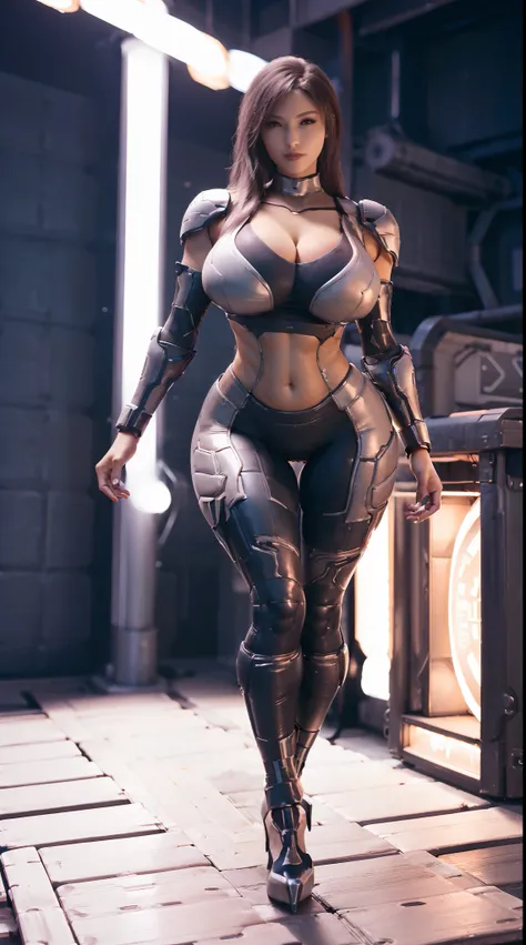 A MATURE WOMAN, HUGE FAKE BOOBS, (BEAUTIFUL FACE), (RGB), (FUTURISTIC MECHA BRA), (CLEAVAGE), (SKINTIGHT YOGA PANTS), (HIGH HEELS), (PERFECT BODY:1.2), (LONG LEG), (FULL BODY:1.3), FRONT, (STANDING:1), SEXY BODY, EXPOSE MUSCLE ABS, UHD, 8K, 1080P.