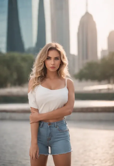 Femme sexy, 20 ans, athletic, tanned skin, gros seins, narrow waist, curly blonde hair, Instagram template, Realstic, Photo Instagram, photographie, authentique, naturel. Dubai Landscapes, Tall Buildings Hands Holding Hair Behind His Head