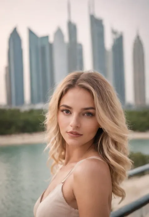 Femme sexy, 20 ans, sexy, athletic, tanned skin, gros seins, narrow waist, curly blonde hair, Instagram template, Realstic, Photo Instagram, photographie, authentique, naturel. Dubai Landscapes, Tall buildings holding hair behind his head