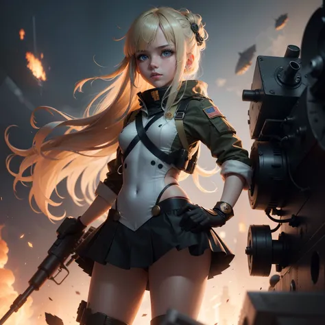 Destroyed aircraft carrier,ukrainian girl , Ukrainian anime girls , , Ukraine ,  Full body composition of young girl with messy bright blonde hair, eye make up, 13 year old,  Soft lighting, Solo,, badges, Pose, Blotch color, Octane Render, Hyperrealistic i...