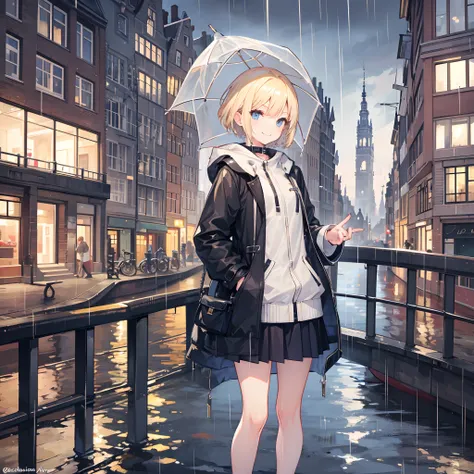 1 girl, smiling, european, rain coat, skirt, (small) chillerism, short blonde hair, Amsterdam