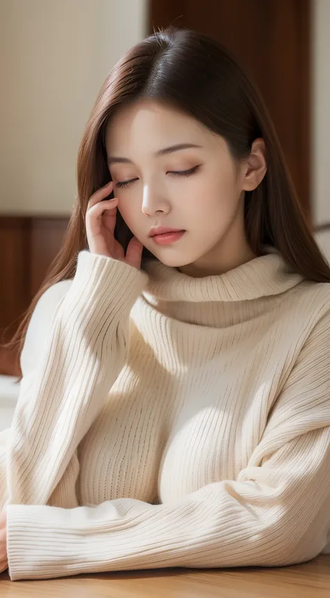 (RAW photo, Best quality), (Realistic, photo-realistic:1.2),High quality, (highdetailskin:1.4), 1girll，fall asleep on the table,Sweaters，huge tit