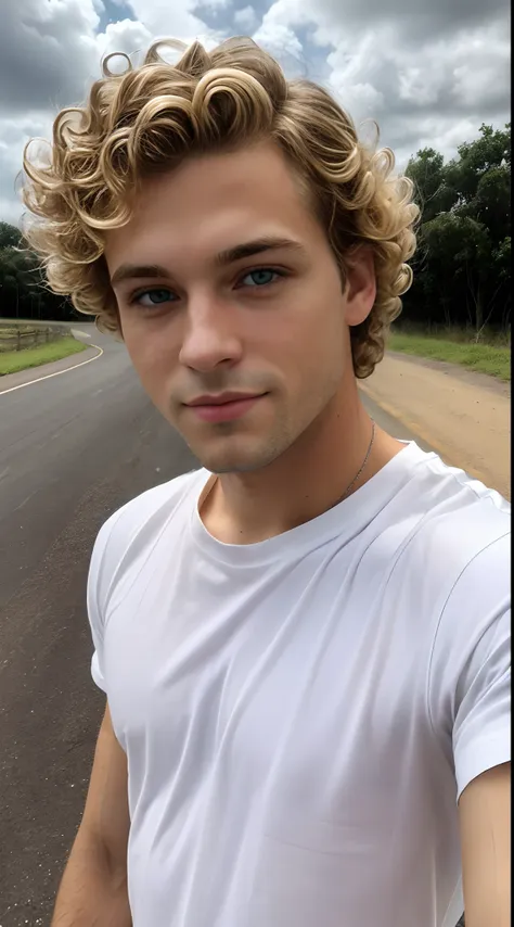 close up selfie, young man, (blonde curly hair:1.3), green eyes, clean shaved, cute, beautiful, skinny, white t-shirt, cloudy we...