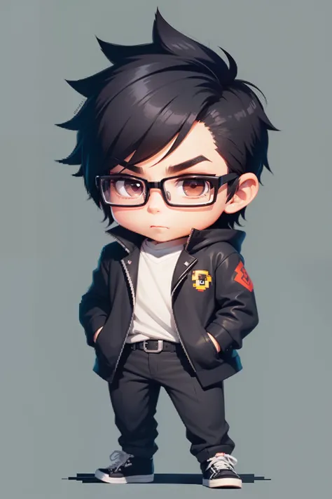 I want a geek character nerd chibi made in pixel art with black hair and eyes and glasses and with his hands in pockets.