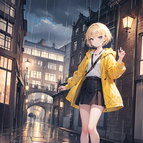 1 girl, smiling, european, rain coat, skirt, (small) chillerism, short blonde hair, Amsterdam