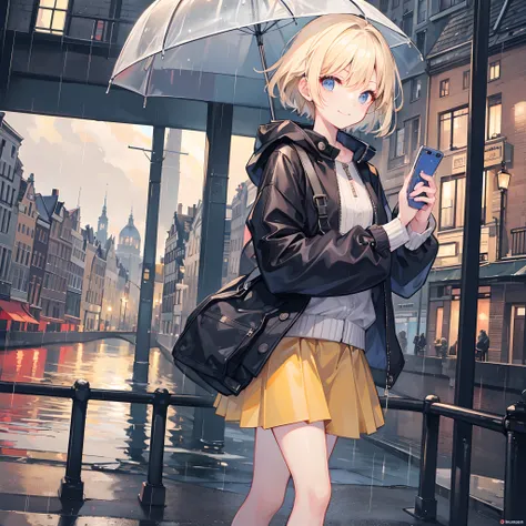 1 girl, smiling, european, rain coat, skirt, (small) chillerism, short blonde hair, Amsterdam