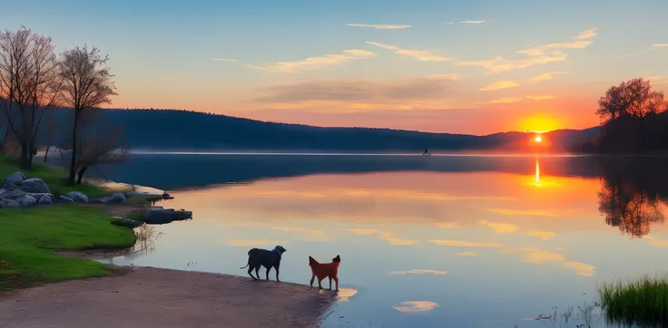 beutiful, Colorful sunrise by the lake, with pets, walking on the shore