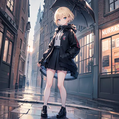 1 girl, smiling, european, rain coat, skirt, (small) chillerism, short blonde hair, Amsterdam