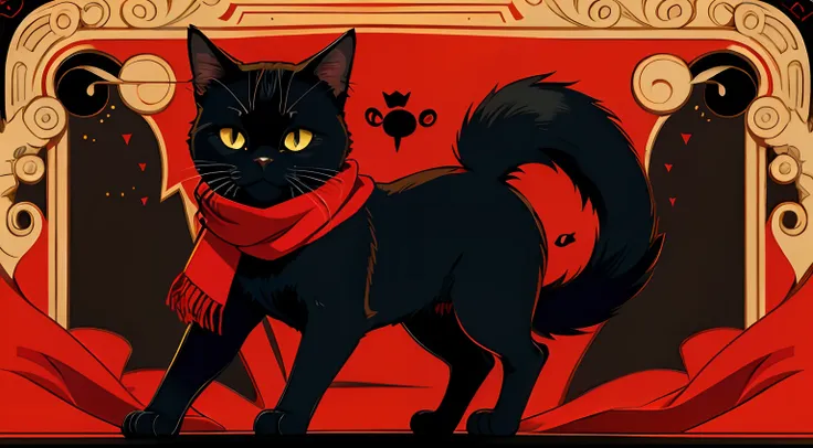 cute black cat with cartoon style red scarf