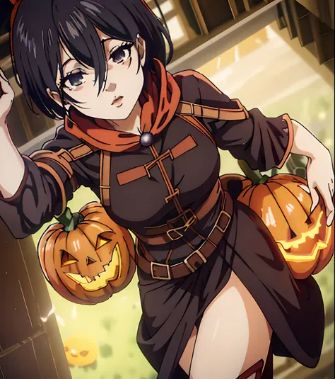 Pumpkin Lantern,A dark-haired,Witch Costume,8K、4K、hight resolution、hightquality、absurderes、finely detail、Manga、Anime coloring、 1girl in,sixteen years old,bangss,shorth hair,魅惑的,enticing,Halloween Costumes,Dramatic Angle,the woods,natta,early evening,ghosts