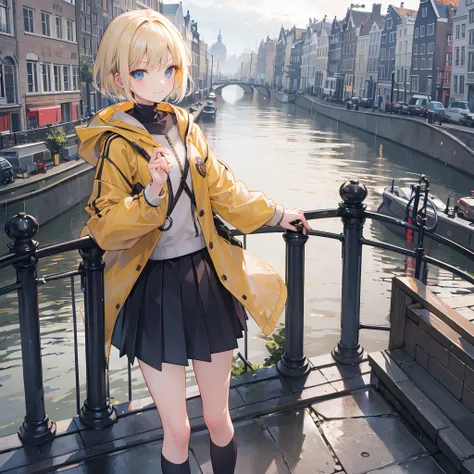 1 girl, smiling, european, rain coat, skirt, (small) chillerism, short blonde hair, Amsterdam