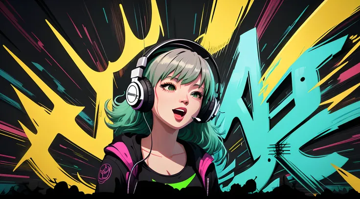 vector art with a person enjoying music against the backdrop of headphone, graffiti illustration, action shot, vibrant colors in dark light green tones, high detail, black background