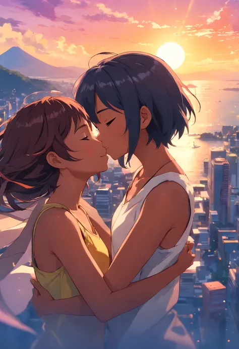 obra-prima, melhor qualidade, filme ainda, 1girl, garota nuvem, floating into the sky, close-up, brilhante, feliz, Soft lighting and Warm, sun sunset, (Sparks: 0,7) Black Girl And Brazilian Indigenous Girl Kissing Hugging.