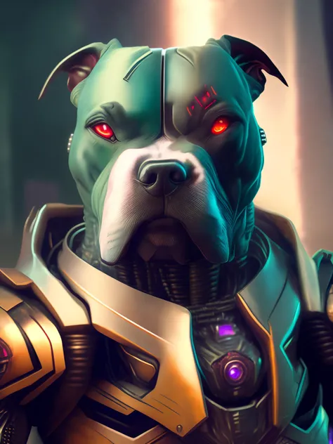 A Pitbull Terrier Dog (Roboto) como o doomslayer, realistic scifi cyberpunk power armor robot, retrato de close-up