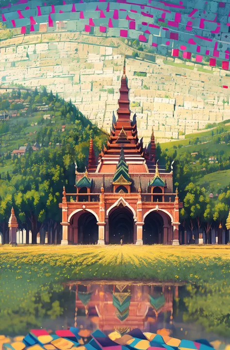 Depict a Myanmar village using the Pointillism technique. Create the image by placing tiny dots of color close together to form a cohesive and vibrant scene --auto --s2