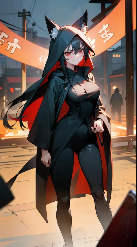 1girl,20s,tall,mature female,angry face,smile,black overcoat,hooded,black pants,medium tits,black hair,long hair,red eyes,fox ears,cowboy shot,((standing with legs spread wide, asian Slum townscape,night)),night