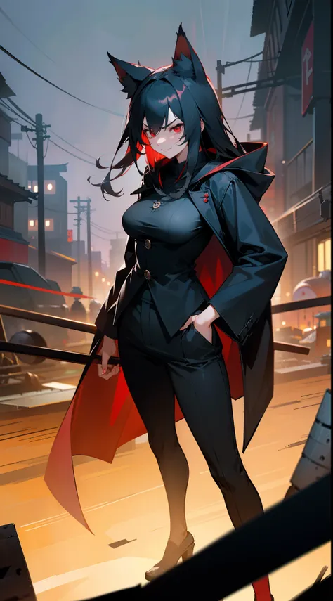 1girl,20s,tall,mature female,angry face,smile,black overcoat,hooded,black pants,medium tits,black hair,long hair,red eyes,fox ears,cowboy shot,((standing with legs spread wide, asian Slum townscape,night)),night