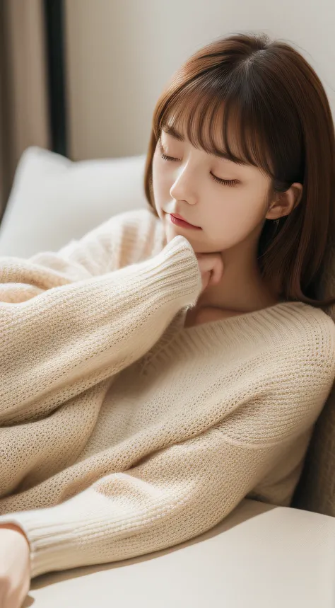 (RAW photo, Best quality), (Realistic, photo-realistic:1.2),High quality, (highdetailskin:1.4), 1girll，fall asleep on the table,arm as a pillow,bow,Sweaters，huge tit