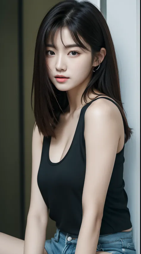 Realistic photos of 1cute Korean star, straight medium hair, 32 inch breasts size, wearing black tank top, shorts, sitting in the building, close-up portrait, UHD