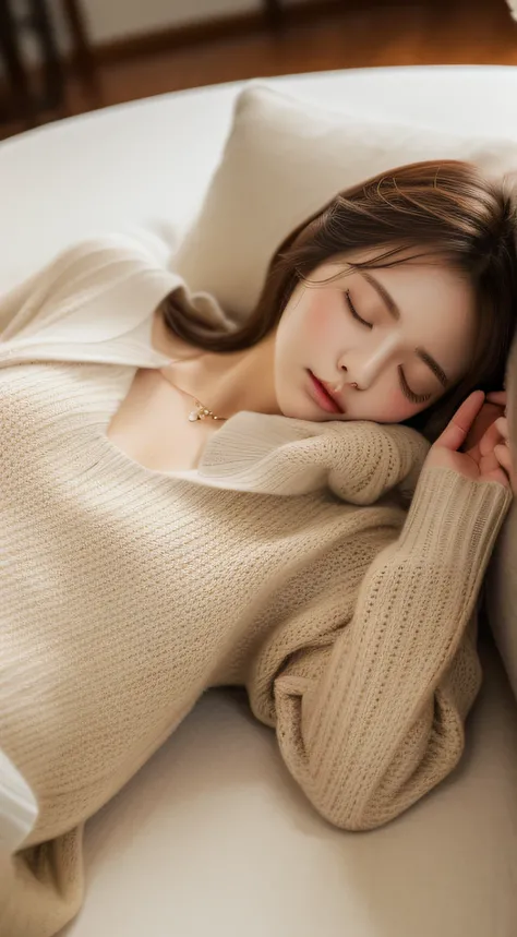 (RAW photo, Best quality), (Realistic, photo-realistic:1.2),High quality, (highdetailskin:1.4), 1girll，fall asleep on the table,arm as a pillow,bow,Sweaters，huge tit