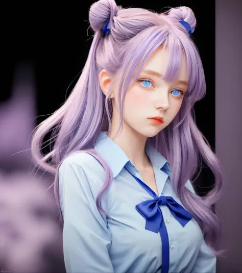 1girl, beautiful, blue eyes, purple hair 2 buns, blue shirt, blue bow