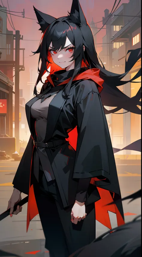 1girl,20s,tall,mature female,angry face,smile,black overcoat,hooded,black pants,medium tits,black hair,long hair,red eyes,fox ears,cowboy shot,((standing in asian Slum townscape,night)),night