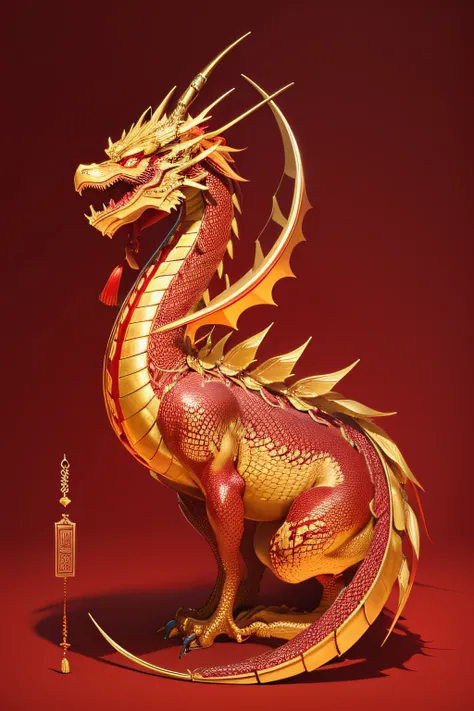 A golden Chinese dragon on a red background