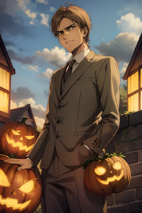 Attack on Titan,Jean,smil,Wearing a suit,male people,animesque,hight resolution、hightquality、absurderes、finely detail、Manga、Anime coloring、A slight smil、Pumpkin Lantern、 ember,shorth hair,enticing,Halloween Costumes,Dramatic Angle,the woods,natta,early eve...