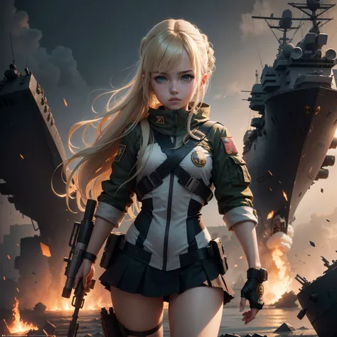 Destroyed aircraft carrier,ukrainian girl , Ukrainian anime girls , , Ukraine ,  Full body composition of young girl with messy bright blonde hair, eye make up, 13 year old,  Soft lighting, Solo,, badges, Pose, Blotch color, Octane Render, Hyperrealistic i...