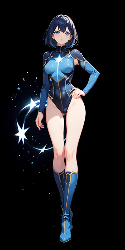 1girl, superhero, leotard, bare legs, boots, matching boots, dark blue hair, dark blue eyes, star symbol on chest, bob hair, medium breasts, light particles, aura, blue aura, stand, standing, space backdrop, magic, hand on hip, beautiful detailed eyes, bod...