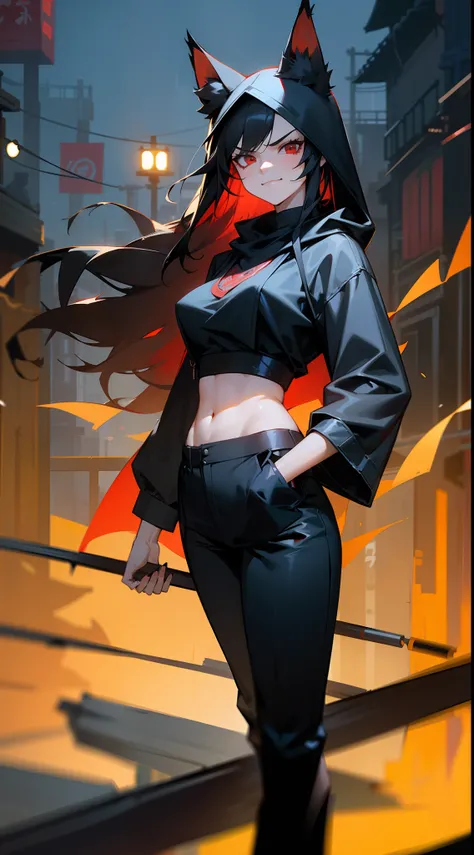 1girl,20s,tall,mature female,angry face,smile,black gangster outfit,hooded,black pants,medium tits,black hair,long hair,red eyes,fox ears,cowboy shot,((standing in asian Slum townscape,night)),night