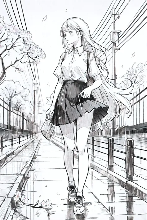 1girl,line art,monochrome,sketch,pencil drawing,traditional media,1girl, black skirt, branch, building, chain-link fence, cherry...