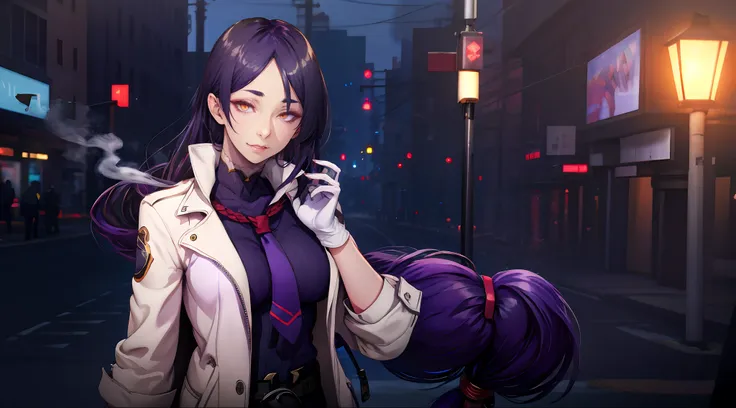 hmmr1, minamoto no raikou (fate), (dark-purple hair, long hair:1.7), purple eyes,,1girl, long_hair, lamppost, night, gloves, bel...