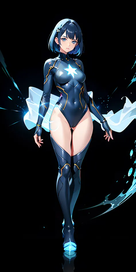 1girl, superhero, leotard, bare legs, boots, matching boots, dark blue hair, dark blue eyes, star symbol on chest, bob hair, medium breasts, light particles, aura, blue aura, stand, standing, space backdrop, magic, hand on hip, beautiful detailed eyes, bod...