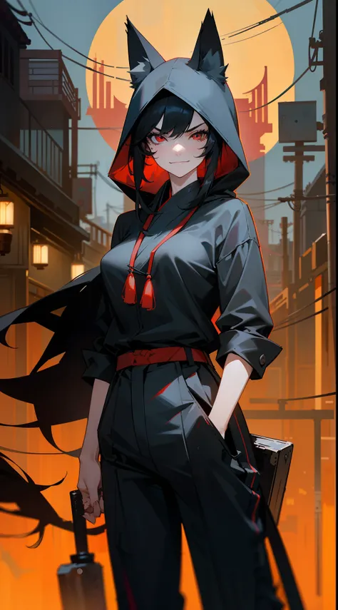 1girl,20s,tall,mature female,angry face,smile,black gangster outfit,hooded,black pants,medium tits,black hair,long hair,red eyes,fox ears,cowboy shot,((standing in asian Slum townscape,night)),night