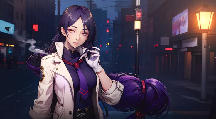 hmmr1, minamoto no raikou (fate), (dark-purple hair, long hair:1.7), purple eyes,,1girl, long_hair, lamppost, night, gloves, bel...