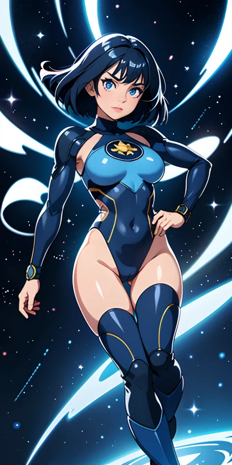 1girl, superhero, leotard, bare legs, boots, matching boots, dark blue hair, dark blue eyes, star symbol on chest, bob hair, medium breasts, light particles, aura, blue aura, stand, standing, space backdrop, magic, hand on hip, beautiful detailed eyes, bod...