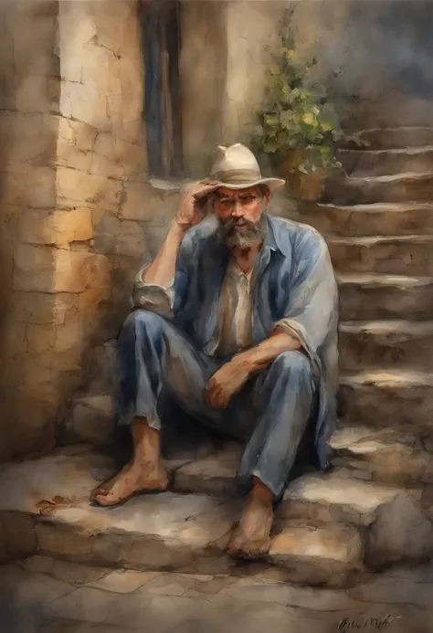 Um rua onde vielas se encontram, personagem masculino de meia-idade, com cabelos grisalhos e barba por fazer. His expression of agony is frozen on his pale face, Lying on the cobblestone floor, vemos a cena de cima, um vulto sutil em uma parte das vielas