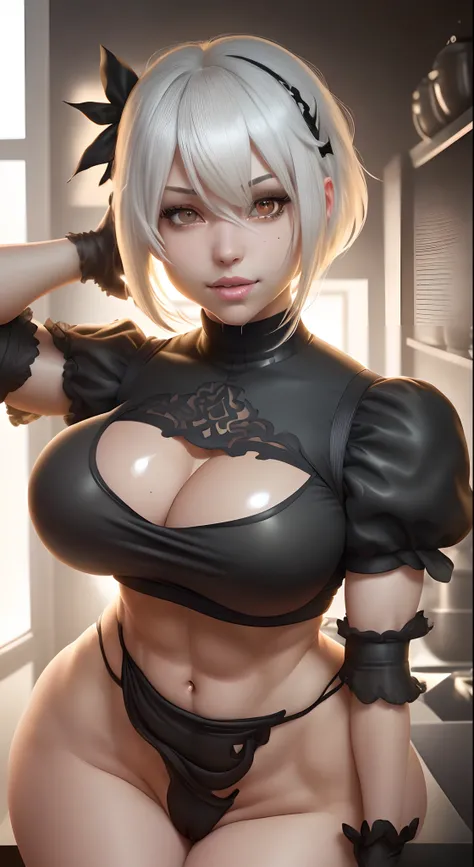 (hyperrealistic), (illustration), (high resolution), (8K), (extremely detailed), (best illustration), Yorha 2b, 1girll, Solo, Mature female, view the viewer, black wavy hair in the kitchen (beautiful detailed eyes), (best quality), (super detailed), (mast...
