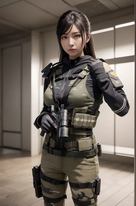 ((melhor qualidade)), ((obra-prima)), (alto detalhe: 1.3), ....3d, machine gun in hand, beautiful special forces shooting (Cyberpunk:1.2), Robort, mulher com cabelo volumoso espesso em (em camouflage_uniforme:1.1), bullet proof vest, capa de chuva, digital...