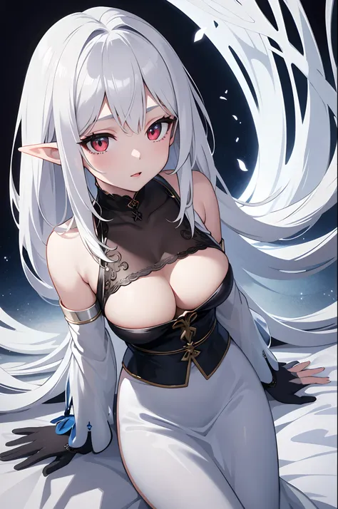 1girl, anime, cute girl, elf, blank background, white background, fantasy, detailed dark fantasy dress with highlights, beautiful face, beautiful eyes, dark colors, medium breasts, slight cleavage, beautiful skin, cute, silver hair, red eyes, breast curtai...