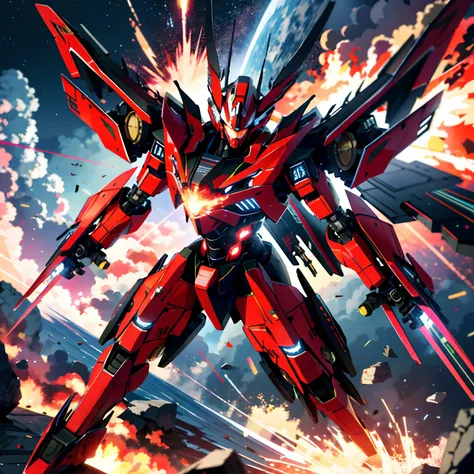 Absurd resolution, High resolution, (masutepiece: 1.4), Hyper-detailing, mechs, Red plane with red wings, Flying in the sky (1.8) The background is wild, fire、cosmic space、Glowing red lines crawling over the fuselage、Wearing explosive flames