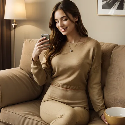 Capture the candid essence of Autumn, the charismatic influencer, laughing at something on her phone as she lounges comfortably on her home couch. Autumn, in her mid-20s, stands at approximately 54" with long, wavy chestnut hair cascading gracefully onto h...