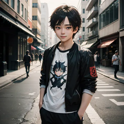 A boy, transformed into an anime style, with exaggerated unique facial features and clothing, standing on a bustling city street, backlit background highlighting the subject, high-contrast colors, 4K high-definition quality，young, smiling, handsome