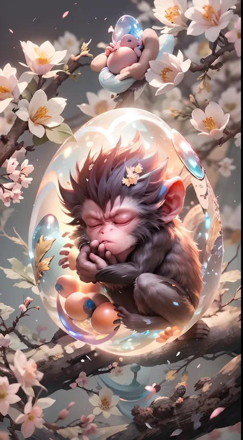 (masterpiece, best details), mythical creature, imagine a crystal egg with a sleeping monkey embryo about to hatch. Cherry blossoms and peach trees.